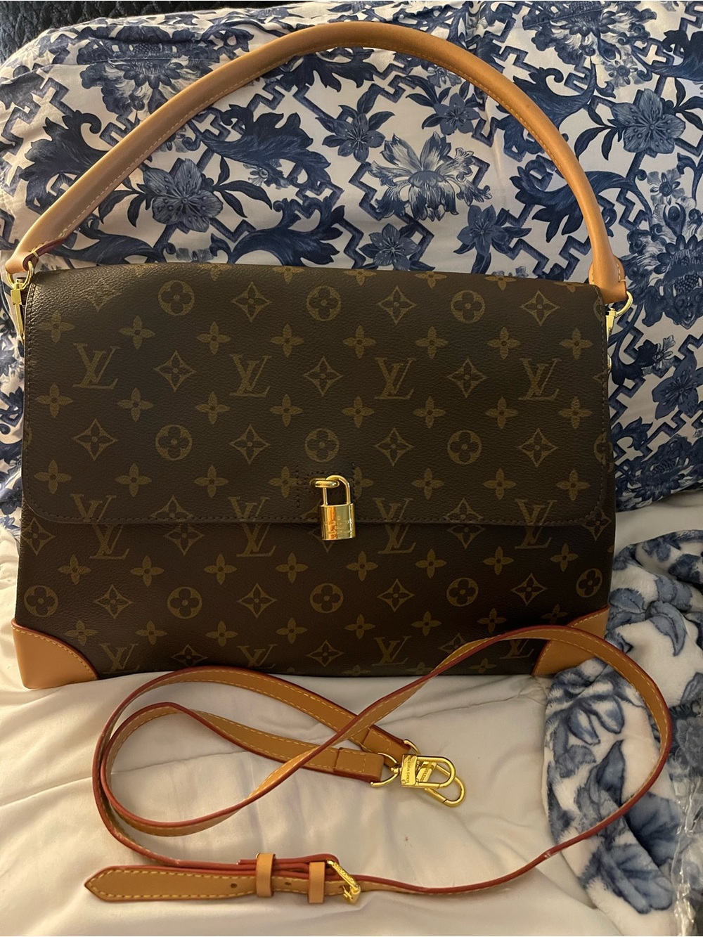 Brown Monogram Shoulder Bag with Tan Leather Accents